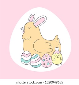 
Cute chicken with easter egg. Funny humor easter  illustration. Ideal for cards, banners, print, children illustration. Pastel colors. Vector hand drawn