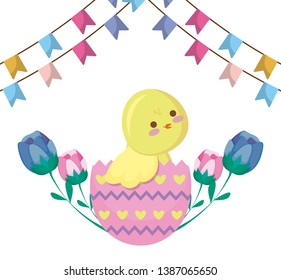 cute chicken of easter in egg with garlands and flowers