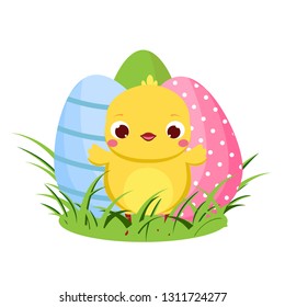 Cute chicken and Easter eggs. Cartoon funny chick for spring design, seasonal greetings, cards