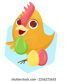 Cute chicken with Easter eggs. Colorful vector illustration.