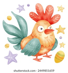 Cute chicken and Easter eggs. Watercolor illustration isolated on white background.
