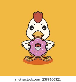 Cute chicken eating big donut cartoon illustration