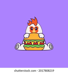 Cute chicken eating burger. Animal cartoon concept isolated. Can used for t-shirt, greeting card, invitation card or mascot.