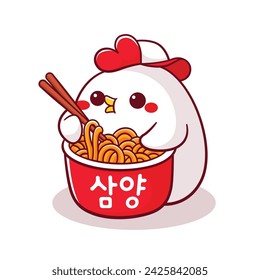 Cute chicken eating a cup of spicy korean noodles mascot logo