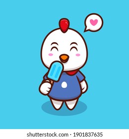 Cute Chicken Eating Ice Cream Cartoon Icon Illustration