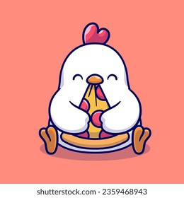 Ilustración del icono del vector de dibujos animados Cute Chicken Come Pizza. Vector Premium Aislado De Icono De Alimentos Animales. Estilo de dibujo plano