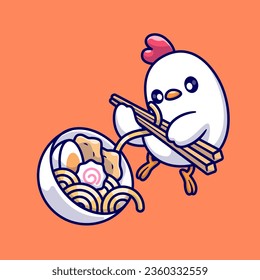 Cute Chicken Eating Ramen Noodle With Chopstick Cartoon Vector Icon Illustration. Animal Food Icon Concept Isolated Premium Vector. Flat Cartoon Style