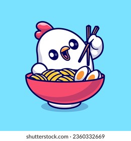 Cute Chicken Eating Ramen Noodle With Chopstick Cartoon Vector Icon Illustration. Animal Food Icon Concept Isolated Premium Vector. Flat Cartoon Style