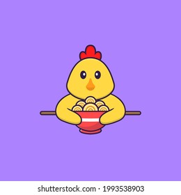 Cute chicken eating ramen noodles. Animal cartoon concept isolated. Can used for t-shirt, greeting card, invitation card or mascot.