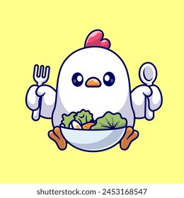 Nettes Huhn essen Gemüsesalat mit Ei-Cartoon-Vektorgrafik-Icon-Illustration. Animal Food Icon Concept Isolated Premium Vektorgrafik. Flacher Zeichentrickstil