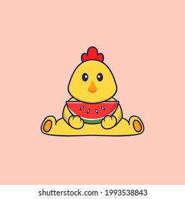 Cute chicken eating watermelon. Animal cartoon concept isolated. Can used for t-shirt, greeting card, invitation card or mascot.