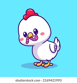 Cute Chicken Eating Worm Cartoon Vector Icon Illustration. Animal Nature Icon Concept Isolated Premium Vector. Flat Cartoon Style