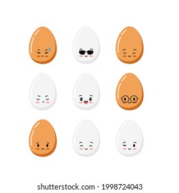 Cute chicken egg cartoon character icon set isolated on white background. Flat kawaii style vector happy food clip art illustration. White and brown eggs with lovely emoticon faces.