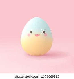Carácter divertido de huevo de pollo lindo con cara de bebé Símbolo de Pascua Icono 3d ilustración vectorial realista. Proteína de cáscara de huevo de aves de corral positiva adorable producto alimenticio expresión facial feliz color suave