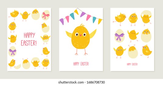 Cute chicken and eggs. Funny easter card set. Collection of greeting posters with smiling chiks. Cartoon vector hand drawn eps 10 illustration isolated on dark background in a flat style.