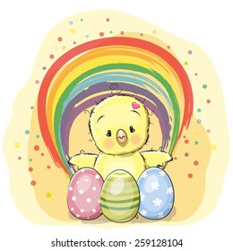 Cute chicken with eggs and a rainbow
