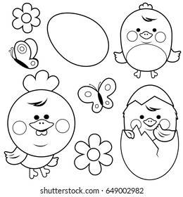 Cute chicken and eggs. Vector black and white coloring page