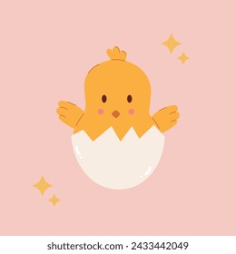 Cute chicken in an eggshell. Hand drawn Easter chick. Vector illustration