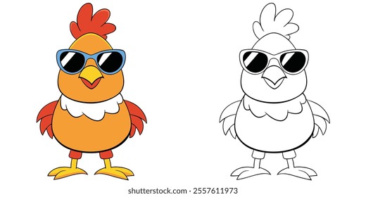 Cute Chicken Elephant Wearing Sunglasses Cartoon Coloring Page For Kids. Animal Cartoon Coloring Book Printable
