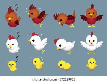 Cute Chicken Family Cartoon Character Poses Set 2