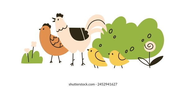 Linda familia de pollos en el país. Adorable gallina, gallo y pollitos. Aves de corral de granja en el campo, padres divertidos y aves bebé, cría. Ilustración vectorial gráfica plana rural aislada sobre fondo blanco