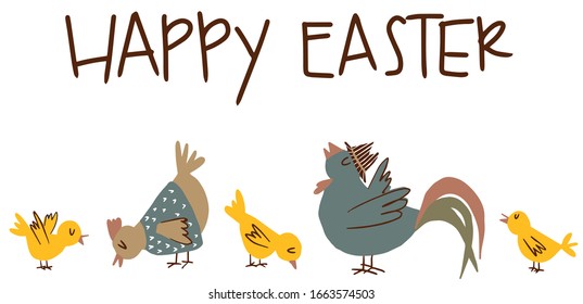 Cute chicken family hand-drawn vector illustration isolated on white background. Cartoon chicken, hen, rooster Easter composition for postcards, banners