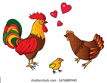 Cute chicken family with a hen, rooster and little chicken. Colored vector for card or gift. 