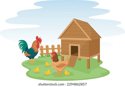 Cute chicken family with henhouse