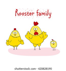 cute chicken family - rooster, hen, chicken. cartoon vector illustration