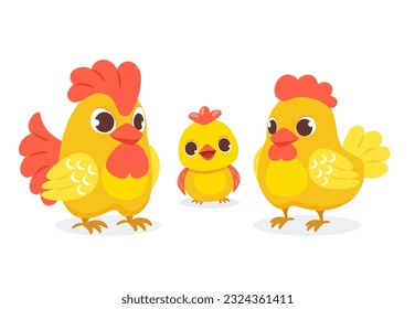 Cute chicken family with their chicken in cartoon style. Vector illustration of an adult hen, rooster and chick on a white background.