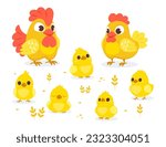 Cute chicken family with their chickens in cartoon style. Vector illustration of an adult hen, rooster and chicks on a white background.