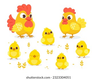Cute chicken family with their chickens in cartoon style. Vector illustration of an adult hen, rooster and chicks on a white background.