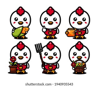 Cute chicken farmer character design set with agricultural equipments 