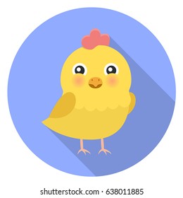 cute chicken flat design icon isolated on blue circle background with shadow