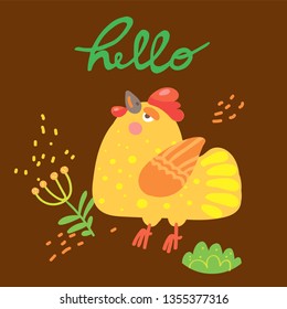 Cute chicken flat hand drawn vector illustration.
Summer grass, flowers.Animal cartoon character.
Hello lettering.  Greeting card, kids book design element.