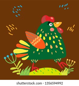 
Cute chicken flat hand drawn vector illustration.
Summer grass, flowers. Animal cartoon character.
Cute greeting card, kids book design element.