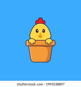 Cute chicken in a flower vase. Animal cartoon concept isolated. Can used for t-shirt, greeting card, invitation card or mascot. Flat Cartoon Style