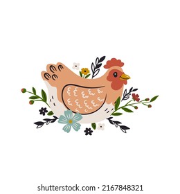 Cute chicken and flowers isolated on white background. Vector graphics.