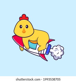 Cute chicken flying on rocket. Animal cartoon concept isolated. Can used for t-shirt, greeting card, invitation card or mascot.