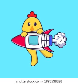 Cute chicken flying on rocket. Animal cartoon concept isolated. Can used for t-shirt, greeting card, invitation card or mascot.
