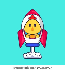 Cute chicken flying on rocket. Animal cartoon concept isolated. Can used for t-shirt, greeting card, invitation card or mascot.