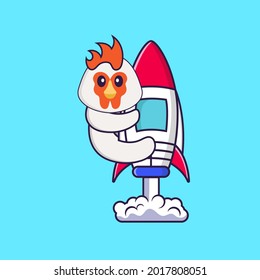 Cute chicken flying on rocket. Animal cartoon concept isolated. Can used for t-shirt, greeting card, invitation card or mascot.