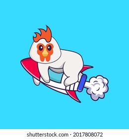 Cute chicken flying on rocket. Animal cartoon concept isolated. Can used for t-shirt, greeting card, invitation card or mascot.