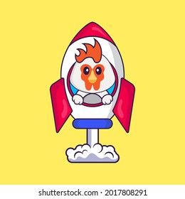 Pollo lindo volando sobre un cohete. El concepto de caricatura animal aislado. Puede usarse para camisetas, tarjetas de felicitación, tarjetas de invitación o mascota.