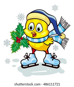 Cute chicken in funny hat ice skating. Vector clip art.