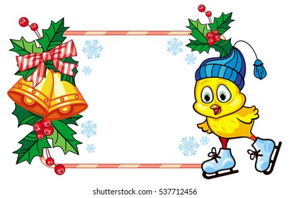 Cute chicken in funny hat ice skating. Christmas holiday frame. Copy space. Vector clip art.