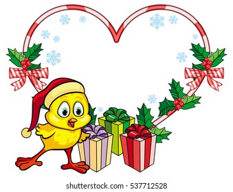 Cute chicken in funny hat ice skating. Heart-shaped Christmas frame. Copy space. Vector clip art.