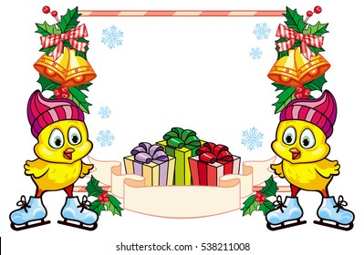 Cute chicken in funny hat ice skating. Christmas holiday frame. Copy space. Vector clip art