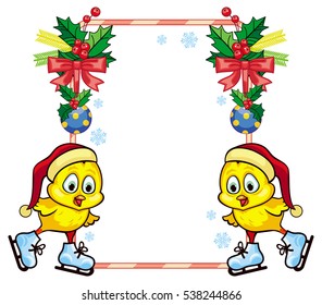 Cute chicken in funny hat ice skating. Christmas holiday frame. Copy space. Vector clip art.