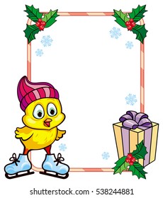 Cute chicken in funny hat ice skating. Christmas holiday frame. Copy space. Vector clip art.